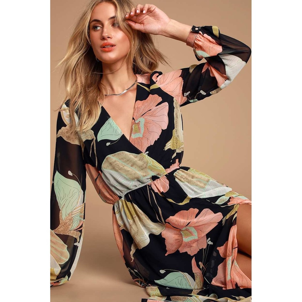 Lulus‎ Wondrous Water Lilies Black Floral Long Sleeve Midi/Maxi Dress XL NWT - Picture 2 of 11